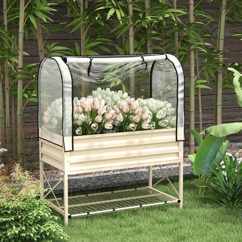Cream Elevated Metal Raised Garden Bed w/ Greenhouse Cover-0