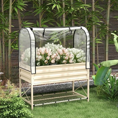 Cream Elevated Metal Raised Garden Bed w/ Greenhouse Cover-0