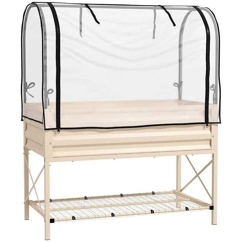 Cream Elevated Metal Raised Garden Bed w/ Greenhouse Cover-2
